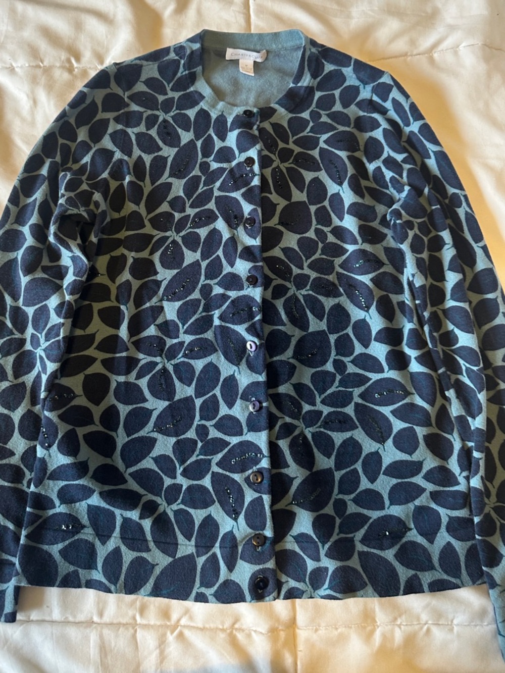 Charter Club Teal and Navy Leaf-Print Cardigan